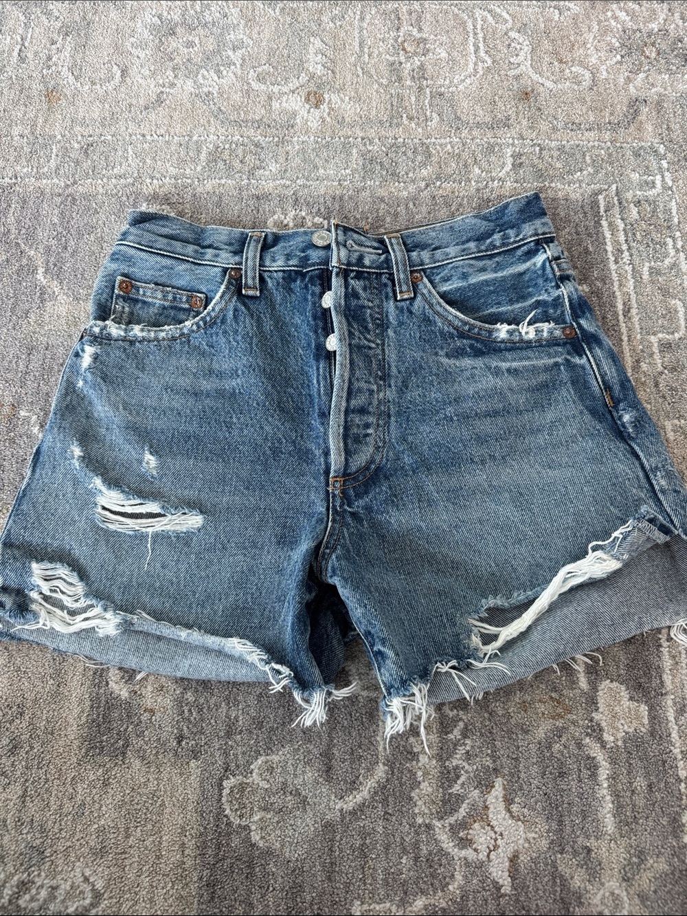 Agolde Blue Distressed High-Rise Button-Fly Denim Shorts
